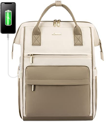 LOVEVOOK Backpack Womens, Waterproof Laptop School Bags 15.6 Inch Computer Rucksack with USB Port for Ladies Teacher Nurse Back Pack for Work Travel College Business, Khaki Beige