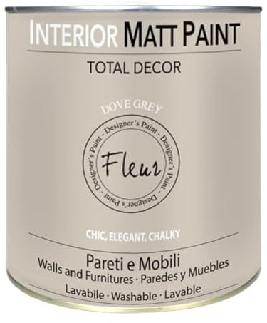 FLEUR DESIGNER'S PAINT | Interior Matt Paint, Pittura per Pareti e Mobili, Extra Opaco, 2,5L, F10 Dove Grey, a Base Acqua, Lavabile, Multisupericie, 2,5 litri, Made in Italy