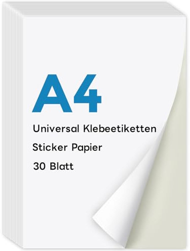 KTRIO A4 Sticker Papier zum Bedrucken 30 Blatt, Stickerpapier zum Selbstklebende Etikettenpapier Super selbstklebend, Bedrucken Sie Ihre Eigenen, Aufkleber für Laser und Tintenstrahldrucker