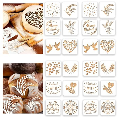 Qivine 24 Stück Tortenschablone, Brot Backen Zubehör, Torten Schablonen, Kaffee Schablonen, Backzubehör für DIY Buttercreme, Brot, 15 * 15cm, Mehrere Muster