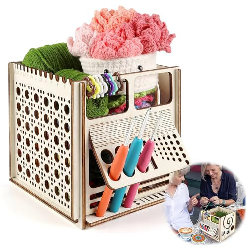 DAWRIS Wooden Yarn Bowl for Knitting & Crochet - Multifunctional Yarn Holder & Accessories Organiser