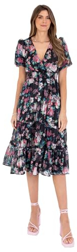 Lovedrobe Women's Women's Ladies Midi Dress V-Neck Short Puff Sleeve Wrap Shirred Waist Floral Print Ruffle Fit and Flare Wedding Guest Dress (Pack of 1)