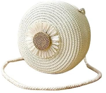 GABITI - BOLSO REDONDO DE PAJA, CON FLOR, COLOR PAJA, CLARO, COMODO, PLAYA, VACACIONES, CIUDAD, CUALQUIER OCASION, REGALO, CUMPLEAÑOS, PRIMAVERA, VERANO.