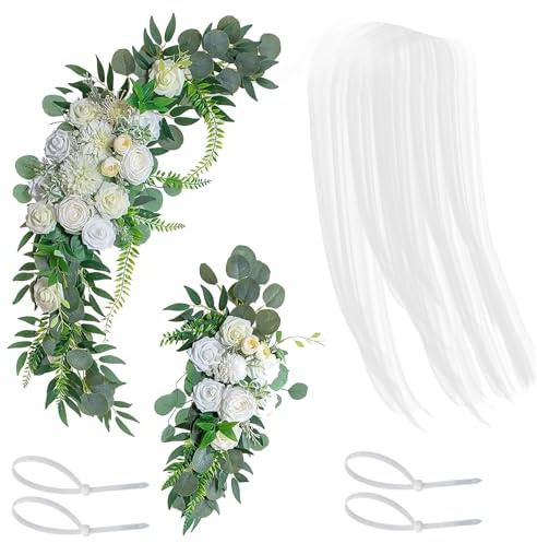 Mnaocz Lot de 3 Kits de Fleurs pour Arche de Mariage, Roses Artificielles Romantiques avec Tissu Drapé pour Réception de Mariage, Toile de Fond, Cérémonie, Panneau de Bienvenue(Blanc)
