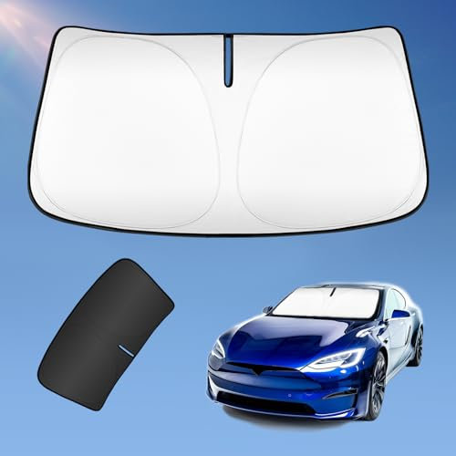 Sun Shade Sunshade for Tesla Model S 2012-2024 Windshield Cover, 2-Layers Sun Shield 240T Silver Sun Visor Foldable Window Shade Blocks UV Rays Car Accessories