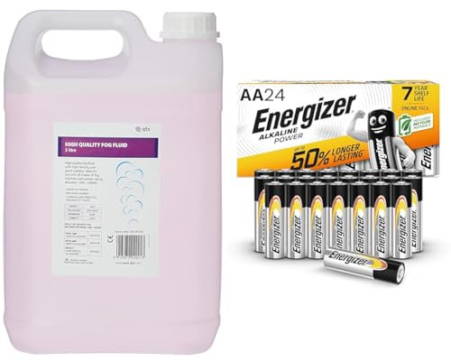 QTX | Long Lasting Smoke/Fog Fluid for DJ & Party Effect | 5 Litres & Energizer AA Batteries, Alkaline Power, 24 Pack, Double A Battery Pack - Amazon Exclusive
