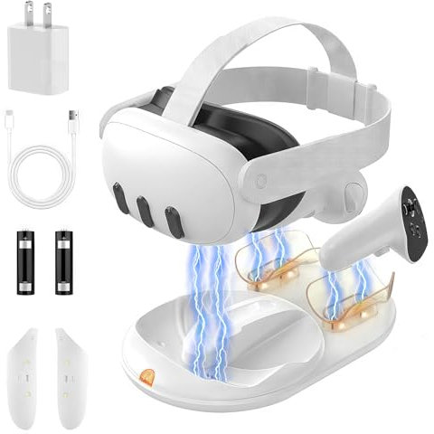 GEEKERA Charging Dock for Meta Quest 3, Magnetic Stand for Oculus/Meta Quest 3 VR Headset & Controllers, Fast Charging Station with 18W Power Adapter/LED Light/2 Rechargeable Batteries