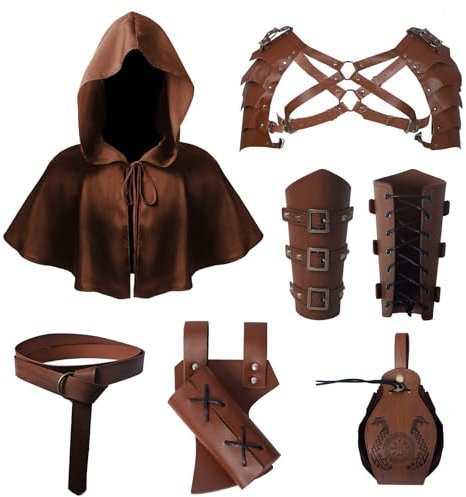 MVFEUIJ Mittelalter Ritter Zubehör, Halloween Mittelalter GüRtel Mönch Gugel Gürtel Tasche Armschienen Retro Zubehör Set, für Cosplay, Zauberer, Halloween (Braun)