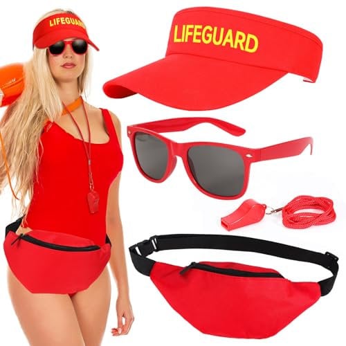 HOWAF Baywatch Kostüm Damen Herren, Lifeguard Visor Cap, Lifeguard Hut Sonnenschild, Sonnenbrille, Trillerpfeife, Gürteltasche für Lifeguard Kostüm, Rettungsschwimmer Kostüm, Fasching Karneval Kostüm