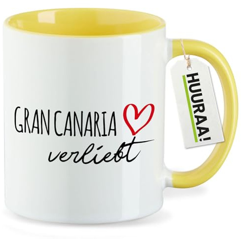 Huuraa Kaffeetasse Gran Canaria verliebt Geschenk | Motivtasse 330ml Gelb Keramik Tasse mit Spruch Kaffeebecher Geschenkidee Becher mit Motiv
