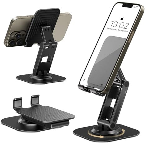 GlasFlength Soporte Móvil Mesa, Soporte para Movil con Base giratoria de 360 Grados Porta Movil Plegable Y Ajustable Múltiples Ángulos para iPhone 15 14 13 12 11 Huawei Galaxy Alle Smartphones (Negro)