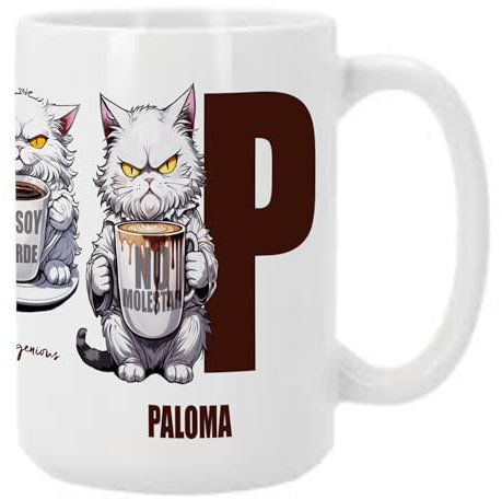 Bee Ingenious Taza Personalizada con Gato Borde - Nombre e Inicial A-Z | Taza XL 15oz-443ml de Cerámica Divertida para Desayuno | Regalo Gracioso con Mensaje Sarcástico (Letra-P)