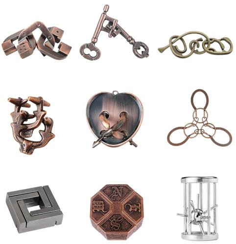 GothicBride 9 Stück Knobelspiele Metall Puzzle, Geduldspiele Knobeln IQ Spiele 3D Metallpuzzle Verschiedene Schwierigkeitsgrade, Metallknobellei für Party Erwachsene Teenager Kinder Herausforderung