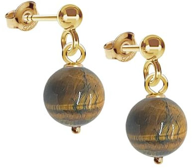 I.L.U.S Damen Braun Edelstein Ohrringe Tigerauge Silber 925 Vergoldet Stecker Ohrring mit Natur Kristall Anhänger Tigerauge Ohrschmuck Gold Ohrhänger Natur Stein Ohrhänger Geschenke Frauen