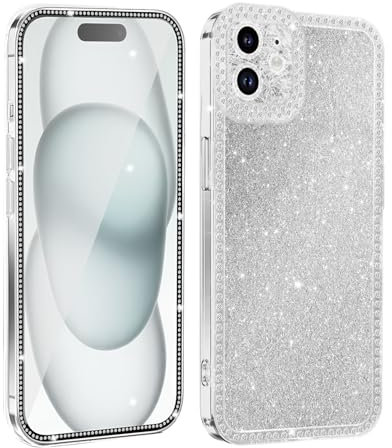 Handyhülle für iPhone 11, Bling Strass Diamant Glitter Schutzhülle mit SchutzfolieGlas, Transparent Silikon TPU Bumper Kameraschutz Case Cute Glänzend Sparkle Crystal Hülle für Frauen und Mädchen