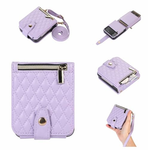 Asuwish Phone Case for Samsung Galaxy Z Flip 3 5G 2021 Wallet Cover and Zipper Card Holder Slot Cell Accessories Wrist Strap Lanyard Stand Flip Folio Mobile Leather ZFlip3 Z3 Flip3 3Z Women Men Purple