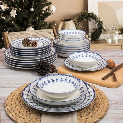 Élégant service à dîner 24 pièces, 100% porcelaine, blanc et bleu | Comprend des assiettes de service, des bols, des assiettes à dessert | Passe au lave-vaisselle et au micro-ondes, parfait pour
