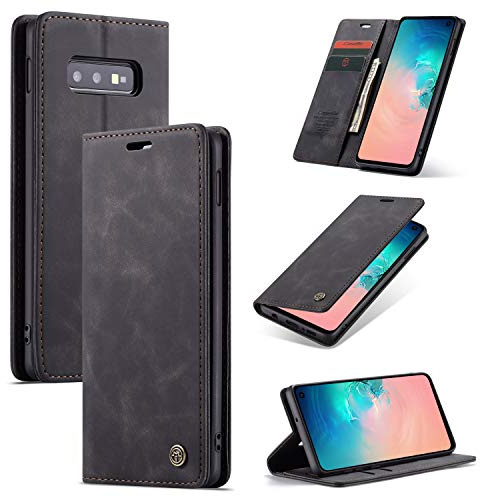 WJXEXRS Handyhülle für Samsung Galaxy S10E Hülle, Premium Klapphülle Leder Schutzhülle Klappbar mit Kartenfach Ständer Magnet Handytasche Standfunktion Flip Case Lederhülle Samsung Galaxy S10E-Schwarz