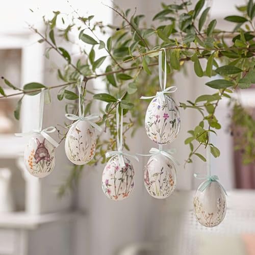 Dekoleidenschaft 6X Dekohänger Osterei aus Kunststoff, Creme mit Blumenmuster, 7 cm hoch, Ostereier zum Aufhängen, Hängedeko, Osterdeko