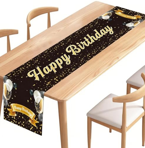 Tischläufer Geburtstag Schwarz Gold - Geburtstag Deko, Happy Birthday Tischband für Mann- Geburtstagsdeko Perfekt für Jubiläumsfeiern, Partys und Dinnerdekoration - 180x35 cm