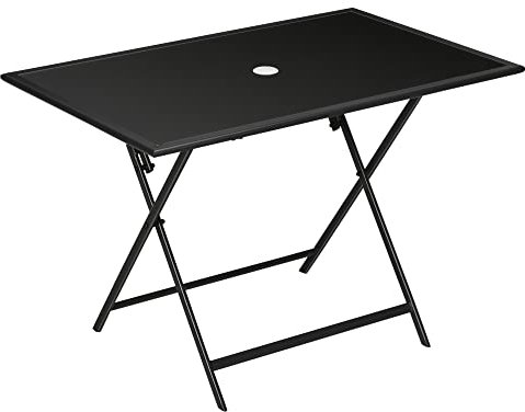 Outsunny Mesa de Comedor de jardín Plegable para 6, con Tapa de Cristal Templado, Mesa Rectangular de Exterior con Agujero para sombrilla para jardín, Patio, terraza, 110 x 70 x 70 cm, Negro