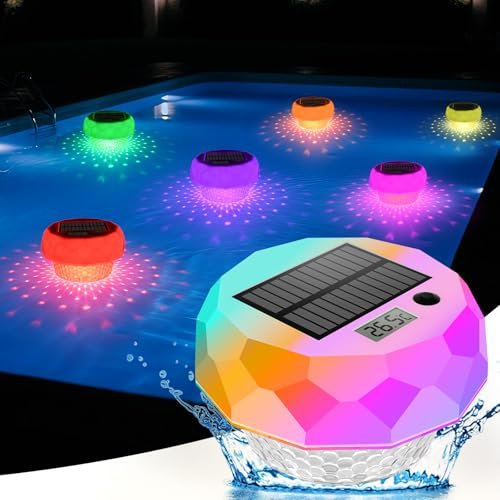 ZWOOS Lumiere Piscine avec Thermomètre, Lampe Solaire Piscine Flottante avec Télécommande, Lampe Piscine RGB, Étanches IP68, Éclairage de Piscine LED Extérieure pour Spa, Fête, Jardin, Patio