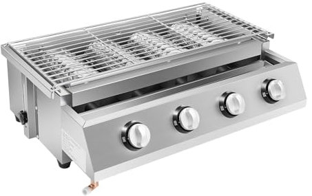 4 brûleurs - Cocotte à gaz - En acier inoxydable - Réglable en hauteur - Avec barbecue amovible - 4 flammes et 4 interrupteurs de commande - 55,8 x 23,2 cm - Pour camping, balcon, jardin