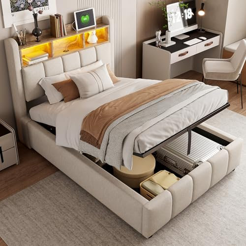 Laxnb Bett 90x200 Polsterbett Kinderbett Einzelbett, Jugendbett Betten mit Stauraum, Kopfteil mit LED&USB und Regal, Hydraulisches Stauraumbett Bettgestell mit Lattenrost, Leinen Beige, Ohne Matratze
