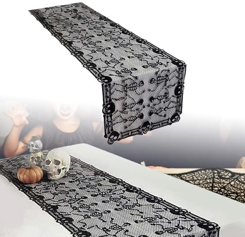 Halloween Tischläufer, Spitze Tischband Abwaschbar, Halloween Läufer, Halloween deko Tisch, Küche Tisch Dekoration, Tischdecke Modern, Tischdeko für Party Urlaub Dekoration (Totenkopf 46X200cm)