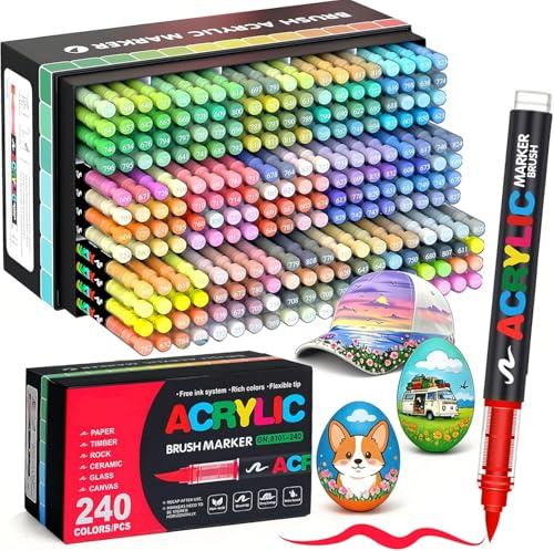 Bonala 240 Couleurs Feutre Acrylique, Marqueur Peinture Acrylique Set Professionnels à Pointe Pinceau pour Bois, Tissu, Toile, Verre, Pierre, Peinture sur Roches et Fournitures