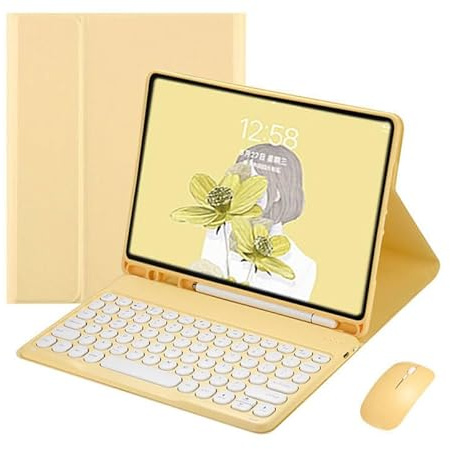 Custodia per iPad Air 4a/5a generazione 10.9 (colore giallo) in pelle con chiusura a libro + tastiera Bluetooth + mouse giallo