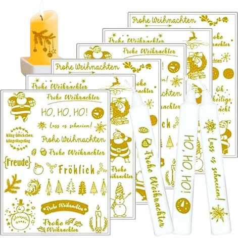 6 Stück Kerzentattoos Weihnachten, Wasserschiebefolie Set mit Weihnachtsmotiven & Goldfolien-Designs, Wassertransferdruck Folie für Kerzen DIY Dekoration, Adventskerze, Ostern (B)