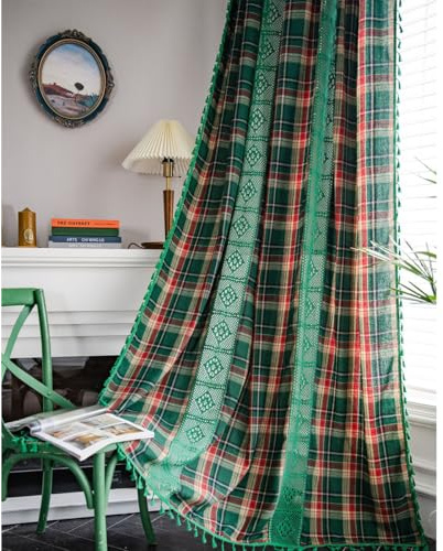 Tokusyou Grün Kariert Gardinen Blickdicht Vorhang Leinenoptik Boho Häkeln Stricken Landhausstil Vintage Vorhänge mit Quaste für Wohnzimmer Esszimmer 1 Stück B150×H160cm