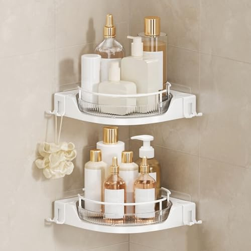 360°Rotating Corner Shower Caddy(2-Pack), No-Drill Adhesive Shower Shelf Organizer with Hooks, Lazy Susan Bathroom Storage for Bathtub, Shower Corner & Kitchen Sink, Space Saving Bathroom Organizer
