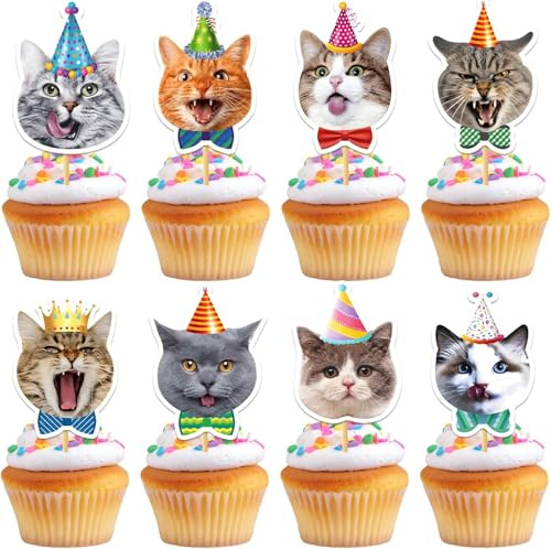 Katzen Cupcake Topper Set mit niedlichen Katzenmotiven, 24-teilig Muffin Deko für geburtstag, Haustierparty und Katzen Geburtstag Deko, Tortendeko Katze für Cupcakes, Muffins und Desserts
