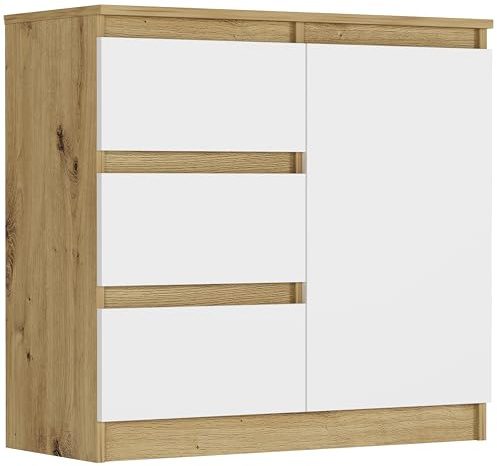 Framire Sideboard Artisan Eiche/Weiß 80x33x76 cm – schmale Kommode mit 3 Schubladen, kompaktes Lowboard für Wohnzimmer, Schlafzimmer & Flur, Modern R-80-S3