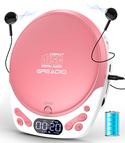 Portable CD Player, Rechargeable Discman CD Players for Home & Car | Small CD-Player with Headphones, 60s Anti-Skip, Supports CD/MP3/WMA/TF Card/AUX/Backlit/Lock/Programmable (Pink)