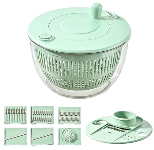 4.5L Salatschleuder, Groß Salat Schleuder mit Deckel, Salad Spinner, Multifunktionale Salatschüssel mit 5 Schneideinsätzen, Entsafter-Einsatz, Eigelbtrenner, Wäscht und trocknet Salat, Gemüse und Obst