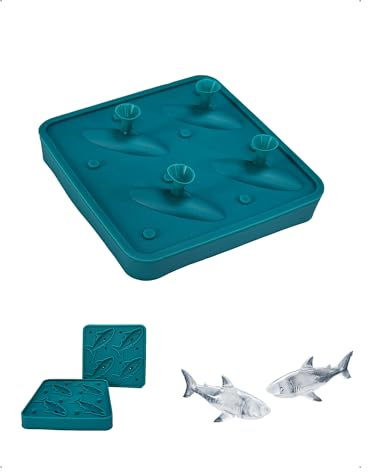KONFEN 3D Silikon Eiswürfelform Haifisch 4 Fach Set Mit Deckel Lebensmittelecht Hai Shark Tiere Eiswürfelbehälter Wiederverwendbar Für Cocktail Whisky Soda Kaffee, Blau
