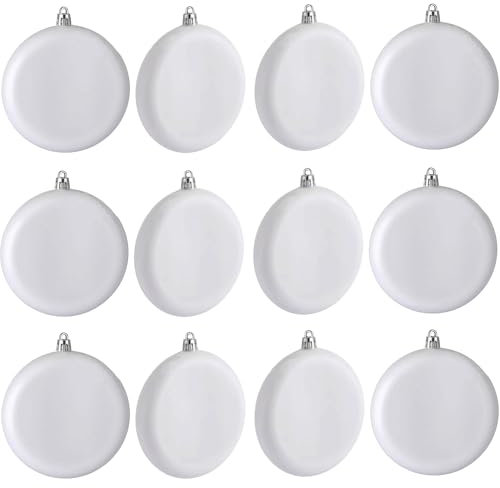 SLEETLY 12pk Blank DIY Christmas Baubles for Crafts to Personalize, Make Your Own Ornament for Kids and Adults, Drawing, Stickers, Plain Paintable Flat Disc to Decorate, Stencils, Matte White