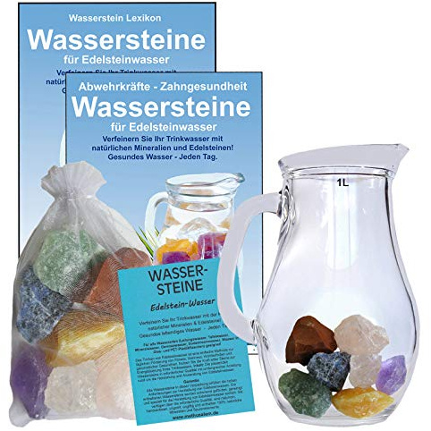 Wassersteine EDELSTEINWASSER Set 300g EDELSTEINE. Steine für innere HARMONIE zum energetisieren + 1,0L Glaskrug Karaffe. 5-tlg Set zur Wasseraufbereitung und Wasserenergetisierung. 90040-2