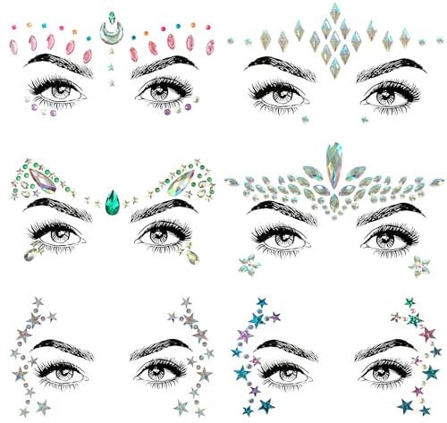 SHINEYES 6 Pcs Gesicht Körper Augen Temporäre Tattoos Gesicht Juwelen Aufkleber Glitter, Hergestellt aus Edelsteinen Rhinstone Kristalle für Rave Karneval Maskerade Musik Geburtstagsfeier Festival