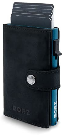 BORZ Prime ® Slim Wallet mit Münzfach AirTag kompatibel I Kartenetui mit RFID Schutz I Mini Geldbörse Cardholder I Geldbeutel für Karten & Scheine aus echtem Leder für Herren & Damen