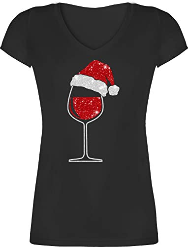 T-Shirt Damen V Ausschnitt - Weinglas mit Weihnachtsmütze I Weihnachtsmotiv Wein I Geschenk Weinliebhaber Weihnachten - L - Schwarz - Silvester Shirt weihnachtsoutfit Christmas Xmas Shirts