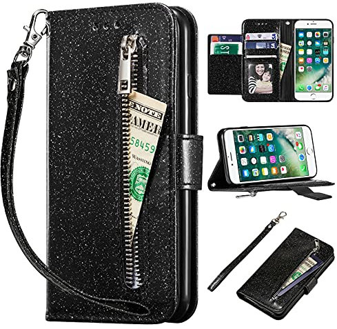 EYZUTAK Wallet Case for iPhone SE(5G) 2022 iPhone 7 iPhone 8 iPhone SE 2020, 5 Card Slots Glitter Bling PU Leather Magnetic Closure Kickstand Zipper Purse Pocket Handbag with Wrist Strap - Black#1