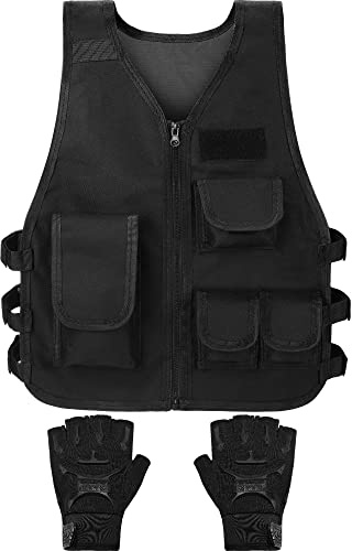 SATINIOR Kids Tactical Vest Army Combat Vest Outdoor with Half Finger Fingerless Short Gloves Breathable(Basic Style)