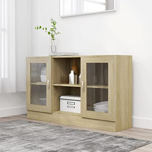 Makastle Wohnzimmer Vitrine Schrank Wohnzimmerschrank mit 2 Fächer und 2 Türen, Vitrinenschrank für Küche Esszimmer, Sonoma-Eiche 120x30,5x70 cm Spanplatte