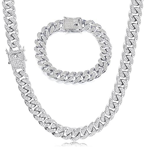 Roheafer Iced Out Kette Herren Cuban Link Chain 13MM Miami Kubanische Kette Halskette Armband 18 Karat Vergoldetes Bling Diamant Kette Armband Hip Hop Schmuck für Männer Frauen