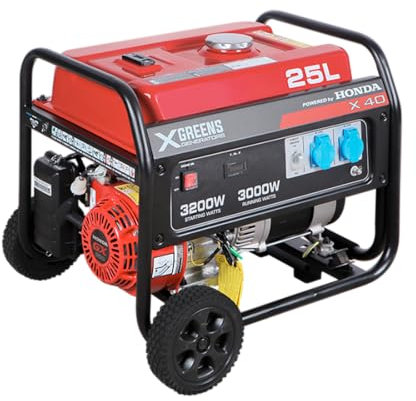 XGREENS Generador de corriente (gasolina) X40 (máx. 3.000W, depósito 25 l, AVR, Powered by Honda, ruedas, alerta aceite, monofásico, 2 tomas 230V, protección térmica y panel digital)