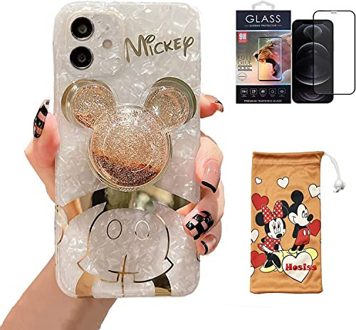 Hosiss Cartoon Case for iPhone 11 6.1'' with HD Screen Protector, Mickey Mouse with Quicksand Cell Phone Holder Strap Soft TPU Shockproof Protective for Girls Women